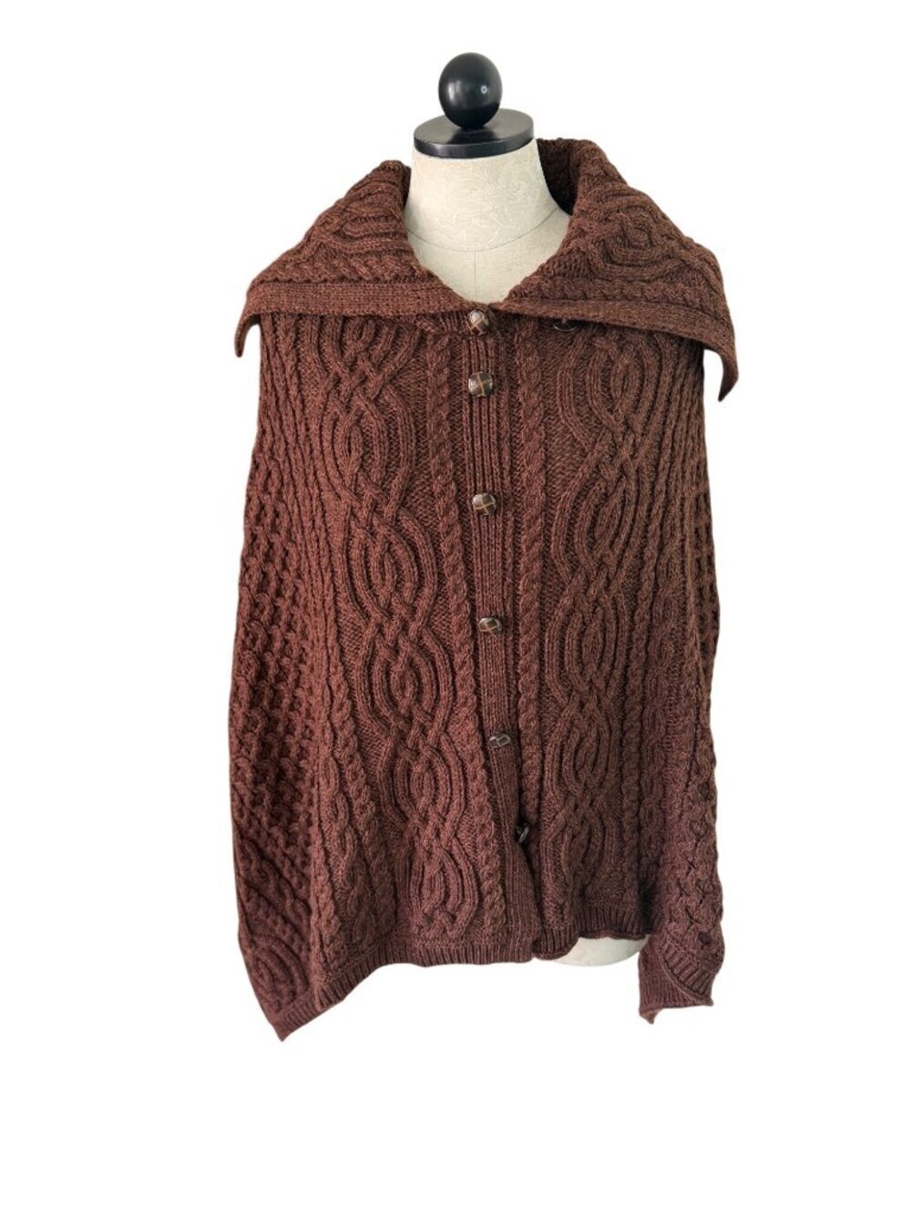Aran Crafts Womens Cable Kinit Fisherman Cape Cardigan Size M/L Brown Timeless